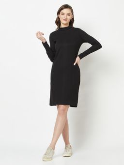 Glito - Women Solid Round Neck Full Sleeve Black Bodycon Dress