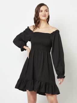 Glito - Women Off-Shoulder Puff Sleeve Fit and Flare Black Dress
