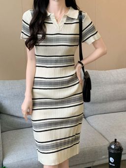 Outzidr - Beige Striped Flat Knit Dress