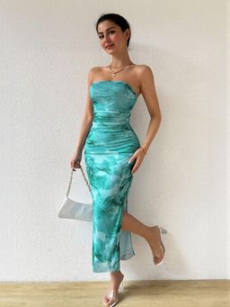 Outzidr - Aqua Digital Print Mesh Tube Dress