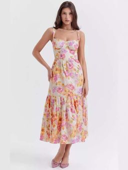 Outzidr - White Floral Printed Tiered A-Line Dress