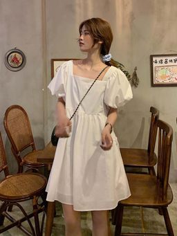 Outzidr - White Square Neck Puff Sleeves Dress