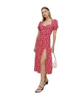 Outzidr - Red Sweetheart Neckline Printed Puff Sleeves Dress