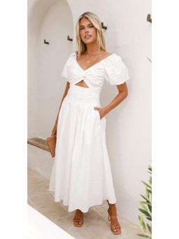 Outzidr - White V-Neck Cut Out Dress