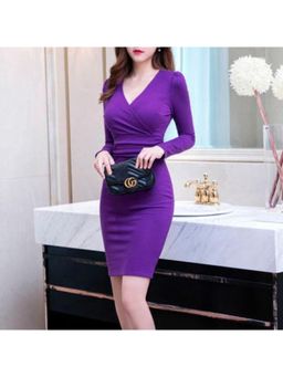 Outzidr - Purple V- Neck Sheath Dress