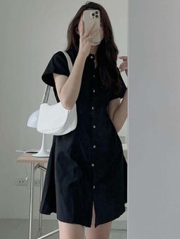 Outzidr - Black Sinched Waist Shirt Dress