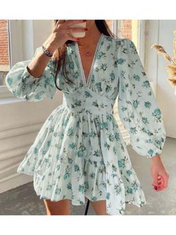 Outzidr - Blue Puffed Sleeves Dress