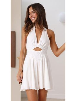 Outzidr - White Halter Neck with Centre Cut Out Dress