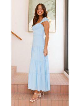 Outzidr - Blue Strappy Solid Tiered Dress
