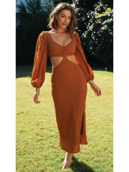 Outzidr - Rust Side Cut Out Back Tie Up Dress