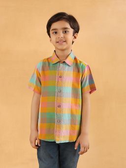 Fabindia - Boys Multi-Color Checked Cotton Chikankari Shirt