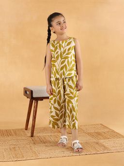 Fabindia - Girls Green Cotton Leafy Printed Co-Ord Set