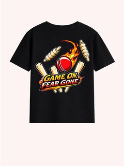 BLUSHES - Black Cotton Half Sleeves Cricket Printed T-Shirt