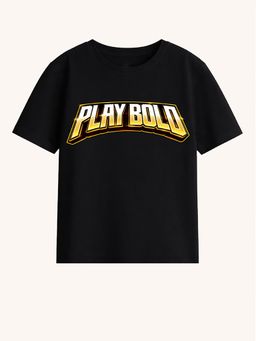 BLUSHES - Cotton Knit Half Sleeves Cricket Printed T-Shirt - Black