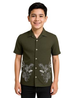 CAVIO - Boys Olive Green Half Sleeves Embroidered Casual Shirt