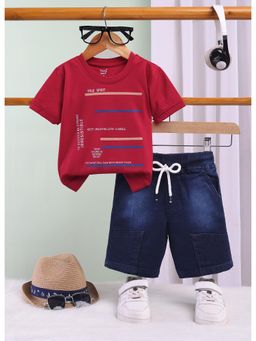 Toonyport - Boys Red and Blue Cotton Printed Shorts and T-Shirt Set