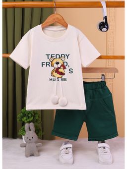 Toonyport - Boys Off White and Green Graphic Cotton Shorts and T-Shirt Set
