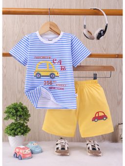 Toonyport - Boys Car Printed Striped Cotton Shorts and T-Shirt Set