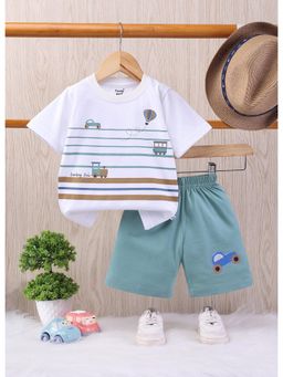 Toonyport - Boys White and Teal Cotton Shorts and T-Shirt Set