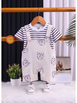 Toonyport - Kids Cotton Beige and White Striped Dungaree with T-Shirt