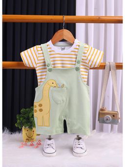 Toonyport - Kids Cotton Green and Yellow Striped Dungaree with T-Shirt