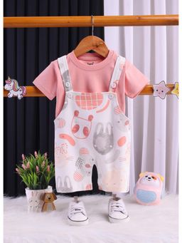 Toonyport - Kids Cotton White and Pink Printed Dungaree with T-Shirt