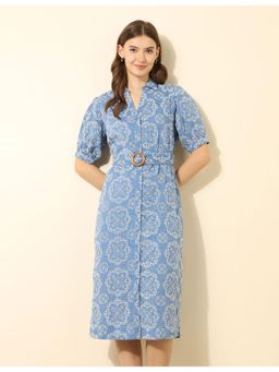 U.S. POLO ASSN. - Blue Self Design Schiffli Belted Midi Shirt Dress (Set of 2)