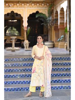 Mahee Jaipur - Yellow Linen Printed Kurta With Pant & Dupatta