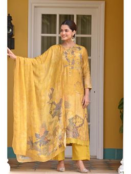 Mahee Jaipur - Yellow Muslin Self Design Kurta With Palazzo & Dupatta