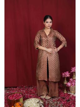 Rivaz Threads and Co - Brown Brocade Floral Kurta With Palazzo