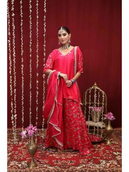 Rivaz Threads and Co - Magenta Silk Floral Kurta With Palazzo & Dupatta