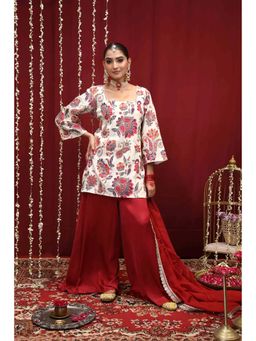 Rivaz Threads and Co - Red Crepe Floral Kurta With Sharara & Dupatta