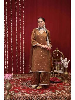 Rivaz Threads and Co - Brown Tissue Floral Kurta With Palazzo & Dupatta