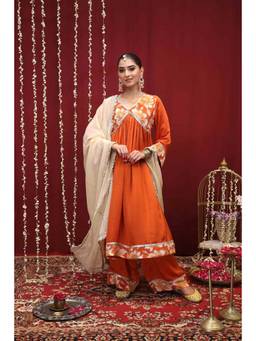 Rivaz Threads and Co - Orange Modal Floral Anarkali Kurta With Palazzo & Dupatta