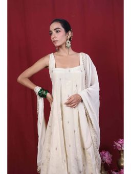 Rivaz Threads and Co - Beige Tissue Embroidered Anarkali Kurta With Palazzo & Dupatta