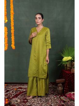 Rivaz Threads and Co - Green Brocade Floral Kurta With Palazzo