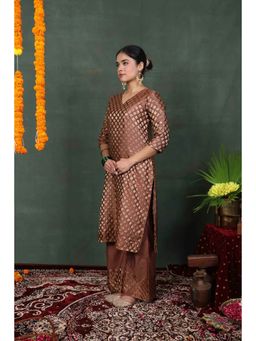 Rivaz Threads and Co - Brown Brocade Floral Kurta With Palazzo