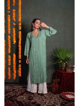 Rivaz Threads and Co - Green Muslin Floral Kurta