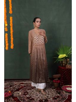 Rivaz Threads and Co - Brown Tissue Floral Anarkali Kurta With Palazzo