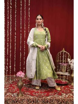 Rivaz Threads and Co - Green Tissue Floral Anarkali Kurta With Palazzo & Dupatta