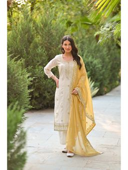 Mahee Jaipur - White Chanderi Self Design Kurta With Palazzo & Dupatta