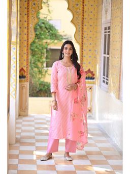 Mahee Jaipur - Pink Cotton Self Design Kurta With Palazzo & Dupatta