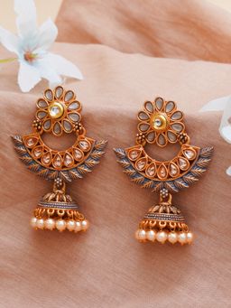 Karatcart - Gold Plated Grey Meena Floral Design Jhumki Earrings for Women