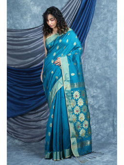 Arhi - Teal Handloom Floral Pallu Saree With Unstitched Blouse