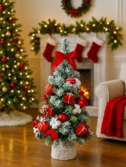 Little Surprise Box - 2Feet Red Swirl Frosty Bushy Christmas Tree Filled With Balls,Ornament Fillers