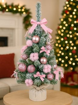 Little Surprise Box - 2Feet Pastel Pink Swirl Snowy Bushy Christmas Tree Filled Balls,Ornament Fillers