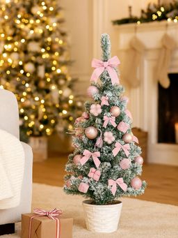Little Surprise Box - 3Feet Pastel Pink Swirl Snowy Bushy Christmas Tree With Balls,Ornament Fillers