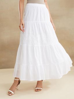 Fabindia - White Cotton Chikankari Maxi Skirt