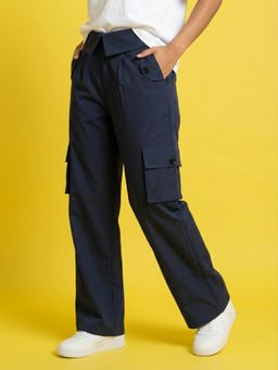 Buynewtrend - Collared Waistband Design Navy Women High Waist Cargo