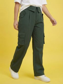 Buynewtrend - Collared Waistband Design Dark Green Women High Waist Cargo